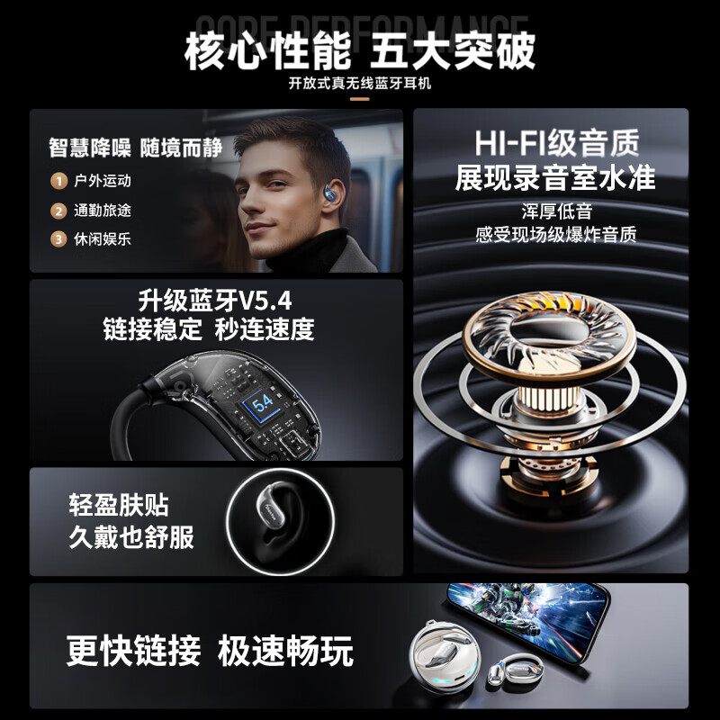 深悦【非凡音悦】华强北蓝牙耳机 挂耳式不入耳 深悦新款高音质柏林之声开放式无线持久续航降噪送挂绳 【指尖陀螺解压】云烟白