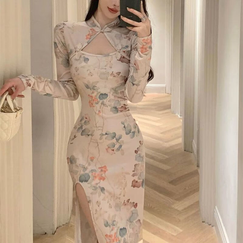 珈岑旗袍连衣裙改良春季日常可穿新款秋季年轻款性感高开叉修身包臀长