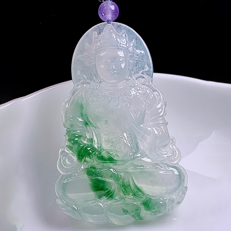 玉临门缅甸老坑天然a货翡翠玉石雕刻冰种冰飘花度母翡翠吊坠女士 飘花