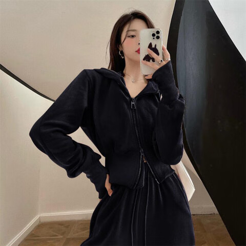 系穿搭卫衣休闲运动套装女网红炸街俏皮活泼阔腿裤两件套2024年 黑色
