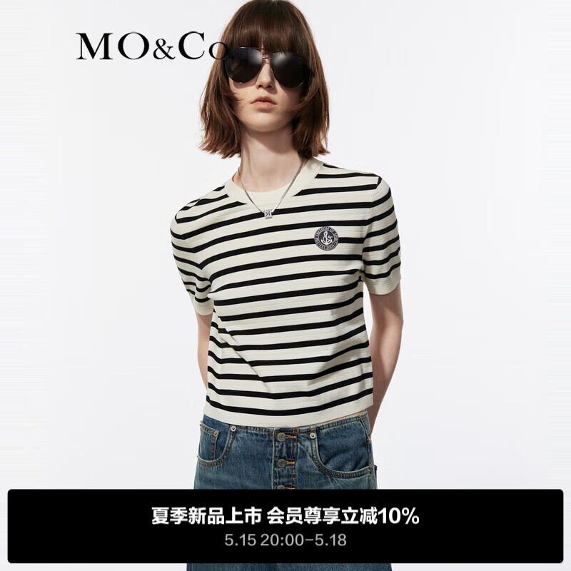 MO&Co.2024夏新品航海徽章章仔短款短袖条纹薄款针织衫MBD2SWT009 黑白条色 M/165