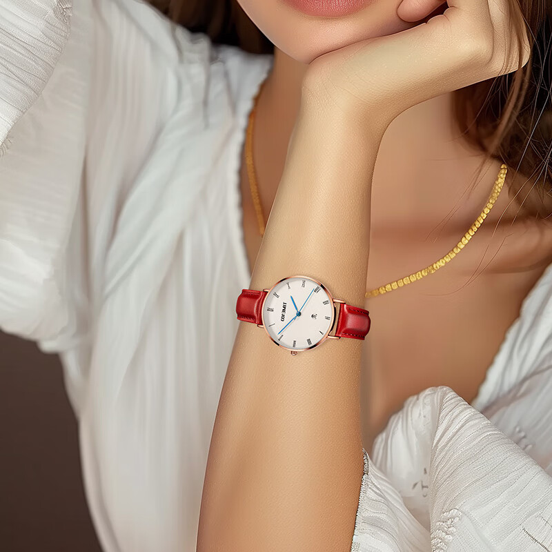 时光一百（TIME100）手表女轻薄简约头层油蜡牛皮女士手表圆盘日历防水学生女神节礼物 大红