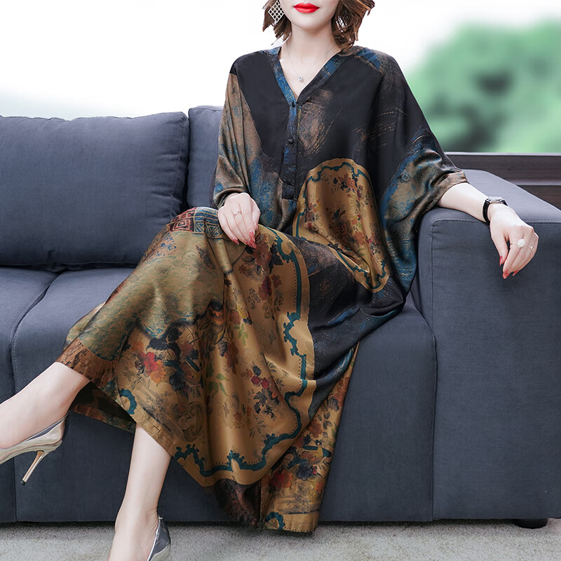 女品牌真丝连衣裙印花断码桑蚕丝裙子杭州女装气质连衣裙 蓝黑色 4xl