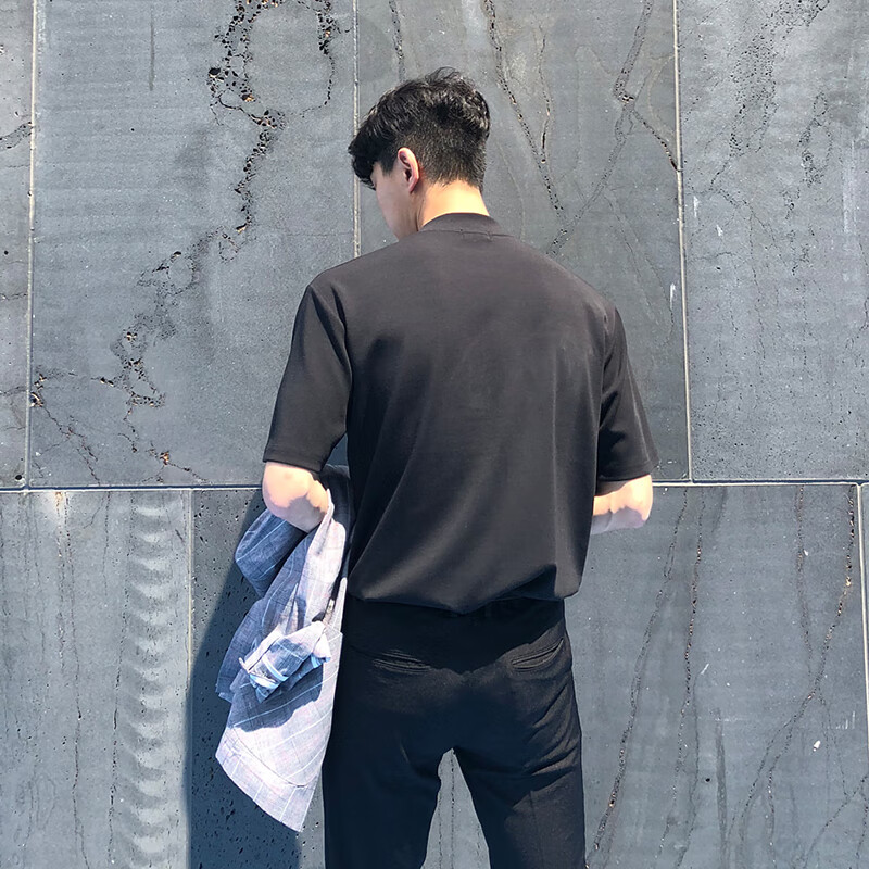 我是大卫短袖男款棉半高领短袖T恤男士高级感宽松上衣痞帅夏季潮流打底衫 黑色 L