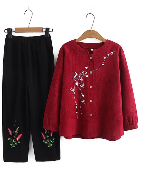兰铂丽斯奶奶套装春秋款长袖衬衫中老年人秋季女装衣服妈妈秋装上衣两件套 墨绿色 066款 5XL 建议150-165斤