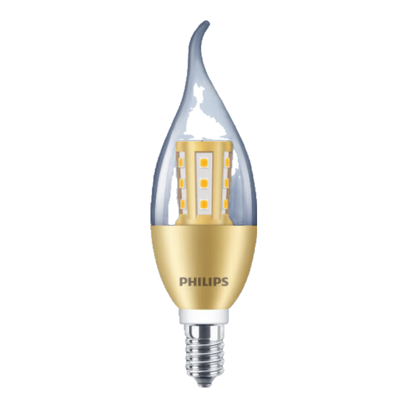 飛利浦（PHILIPS）LED燈蠟燭燈尖泡拉尾泡家用暖光小螺口E14 搖曳泡椒泡球泡燈泡 水晶拉尾泡【金色6.5W】E14-4只裝