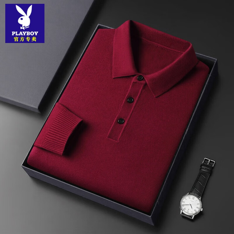 花花公子（PLAYBOY）100%纯羊毛绒衫加厚羊毛衫男秋冬季保暖纯色翻领毛衣中年大码爸爸 酒红（内销品牌出口转内销） 2XL 180
