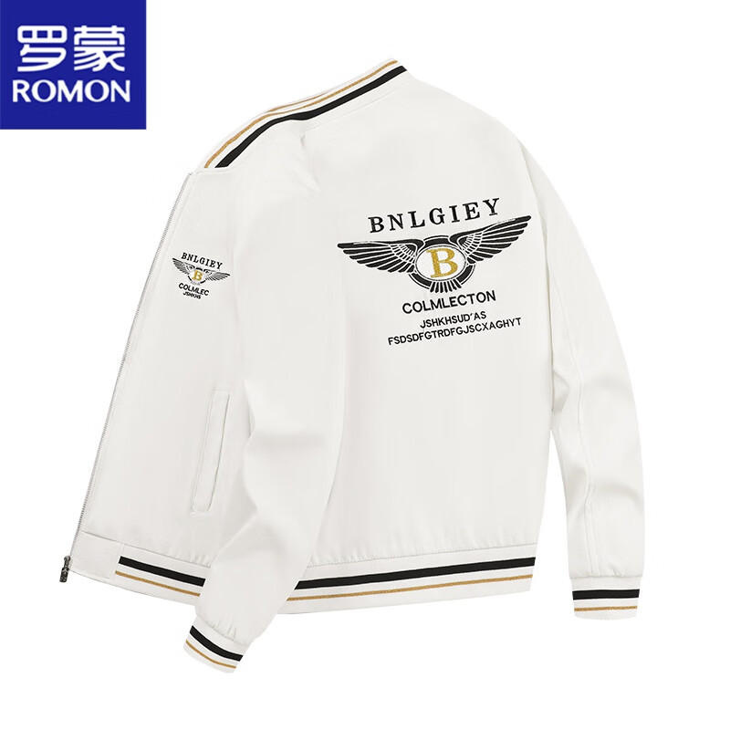 罗蒙（ROMON）欧洲站刺绣外套男士春秋季2026新款字母飞行夹克衫休闲棒球服男 白色2 XL 120-140斤