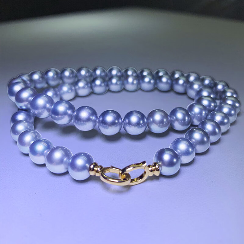 兮娇项链akoya海水珍珠银灰蓝色真多麻日本18k金扣正圆送妈妈 18k金扣