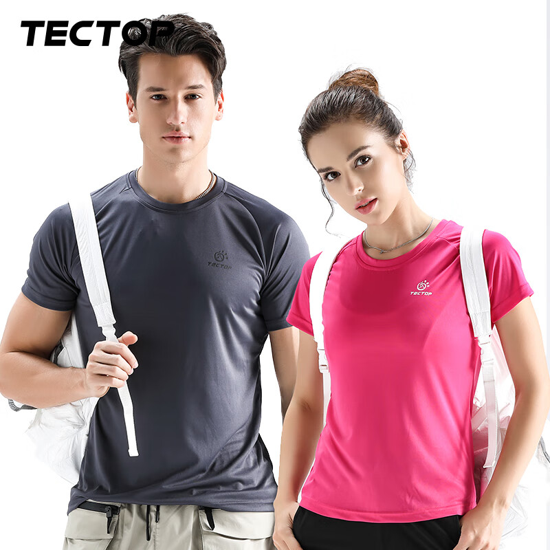 探拓（TECTOP）户外圆领短袖T恤女士运动健身夏季轻薄透气打底t恤男女情侣 男款深灰色 L