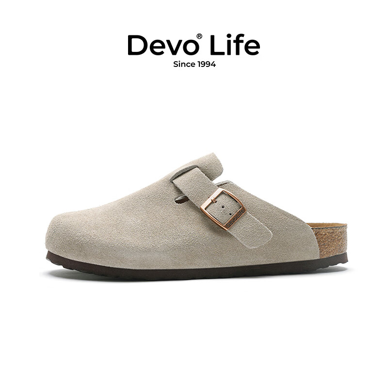 Devo Life的沃软木拖鞋包头半拖情侣款休闲法式拖鞋 3624 灰色反绒皮 37
