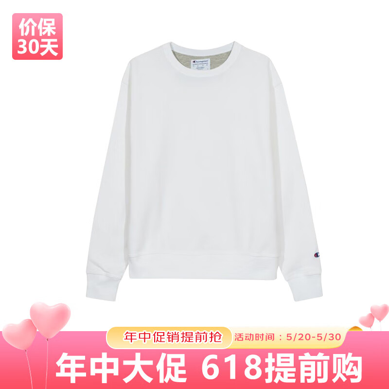 champion冠军卫衣男 袖标纯棉圆领套头长袖运动t恤打底衫 白色wht  xl