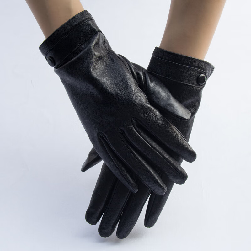 拉尔伦保罗真皮绵羊皮手套女整皮秋冬季保暖骑车开车皮手套扣子装饰薄