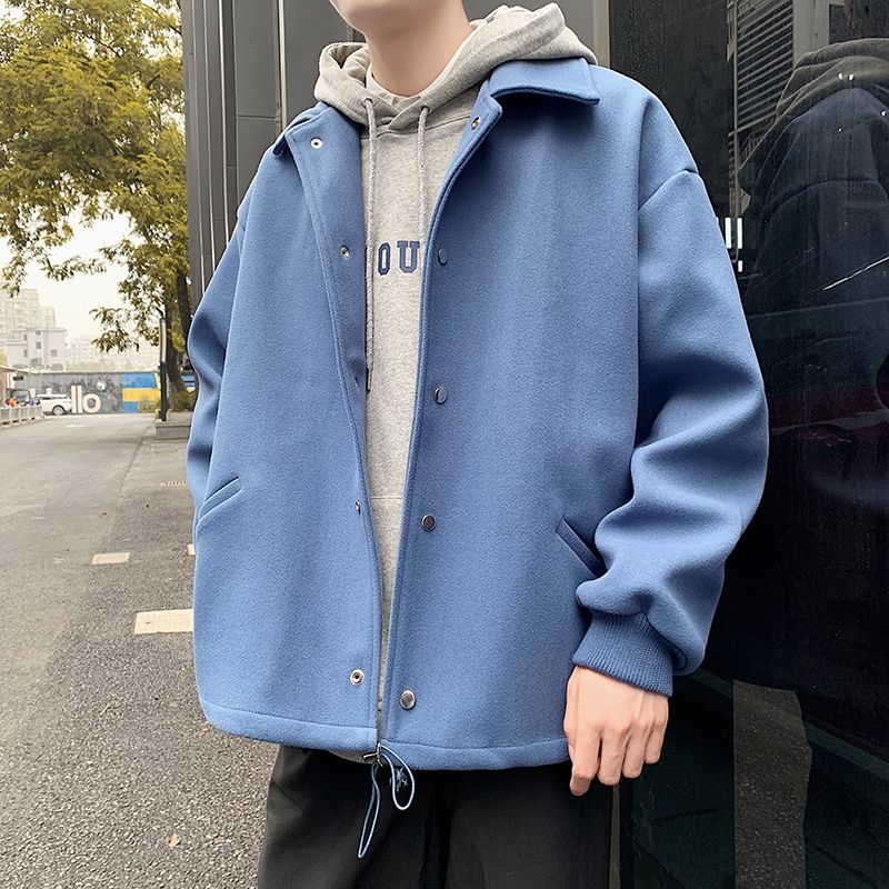 一整套冬季秋男生宽松短款翻领毛呢大衣外套风衣套装 蓝色外套(单件)