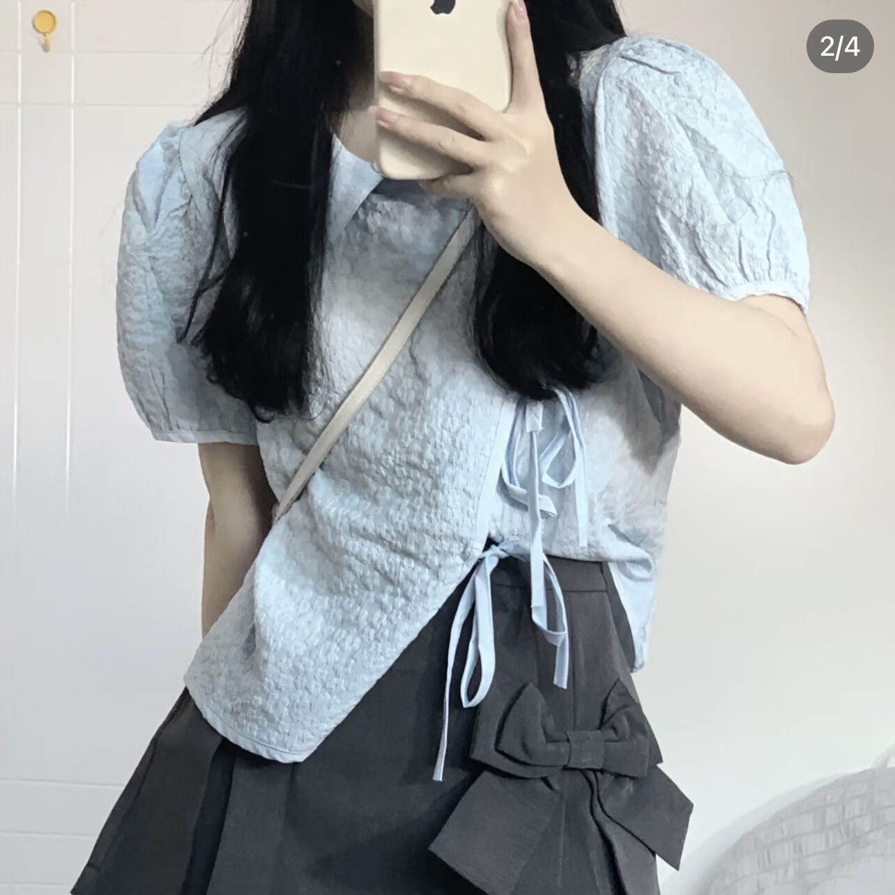 moring bull梨形身材穿搭夏季小个子蓝色泡泡袖领灰色半身短裙减龄两