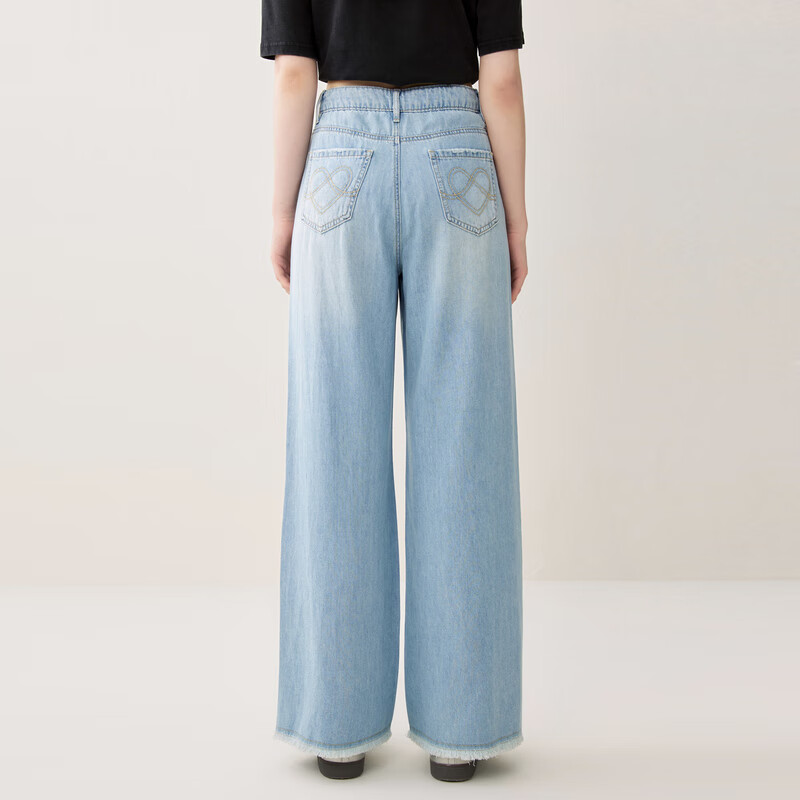 乐町商城同款分割线牛仔阔腿裤24新款长裤百搭裤子C1HAE3136 浅牛仔蓝 M