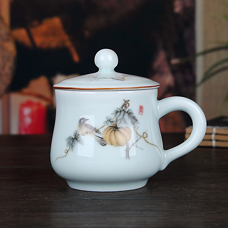 九楼阁 景德镇陶瓷茶杯带盖有手柄青瓷办公水杯350ml 6款各一个 300ml 6只