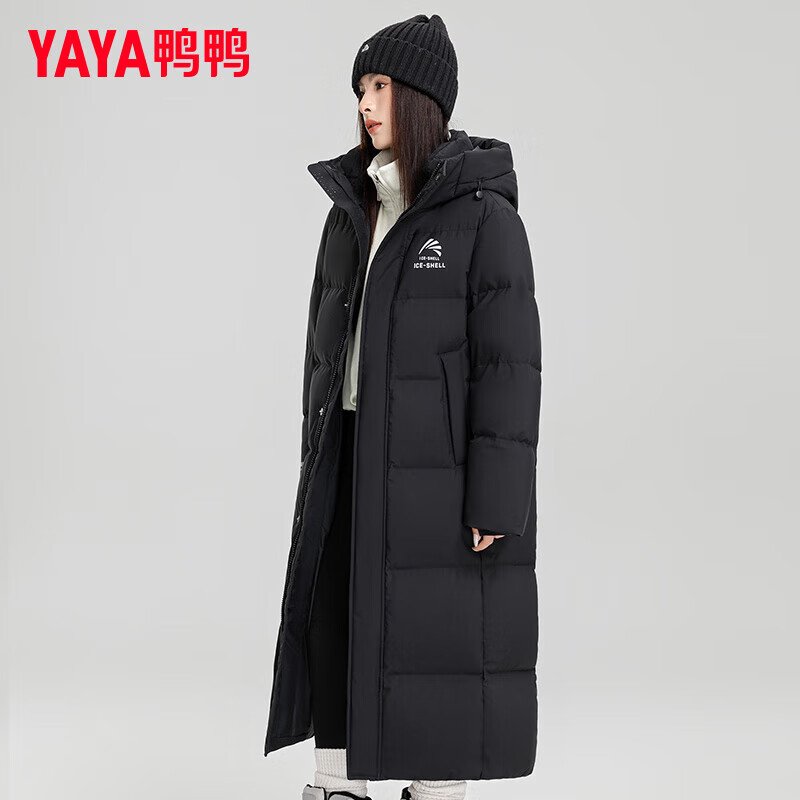 鸭鸭(YAYA)王一博同款冰壳羽绒服女长款过膝冬季新款时尚情侣男女泡芙外套HY 青光黑色 M (170)