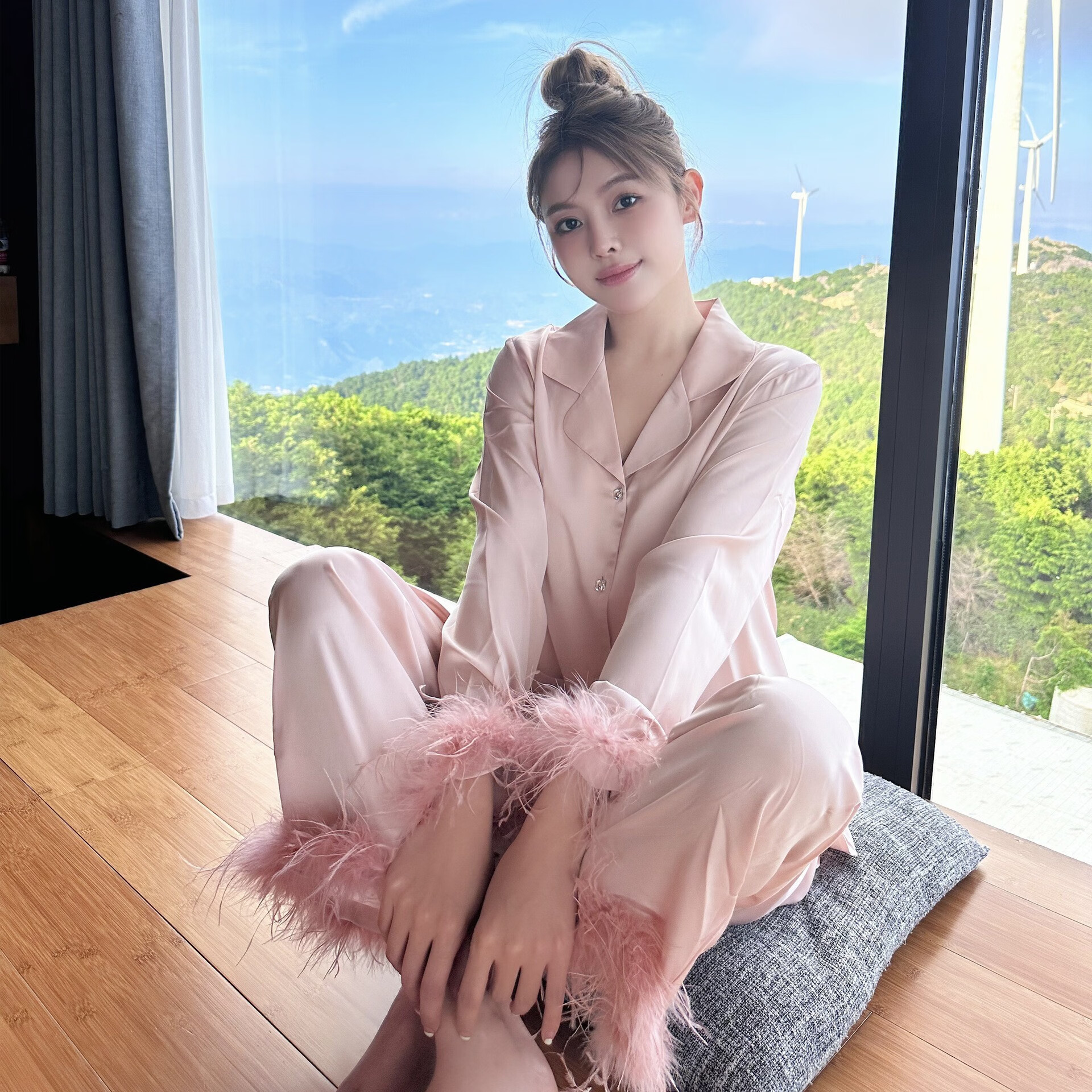 爱慕秋夏真丝睡衣女春秋季鸵鸟毛袖气质长袖桑蚕丝家居服送闺蜜礼盒