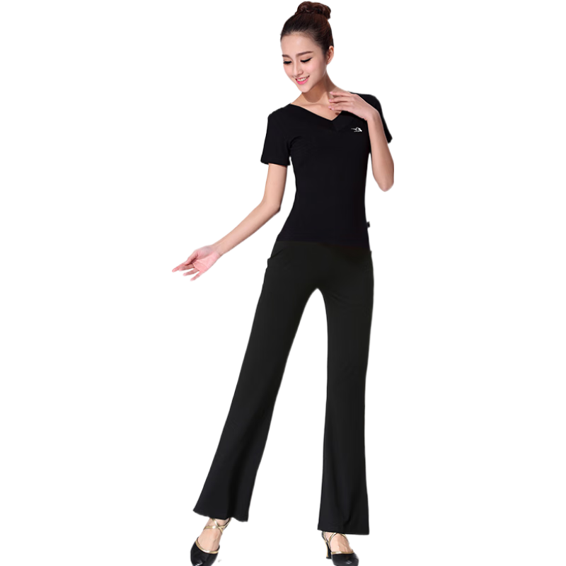 貝茲曼廣場舞服裝套裝瑜伽服女V領成人拉丁舞服裝形體服春夏新款莫代爾 黑色短袖+黑色微喇褲 L (100-110斤)