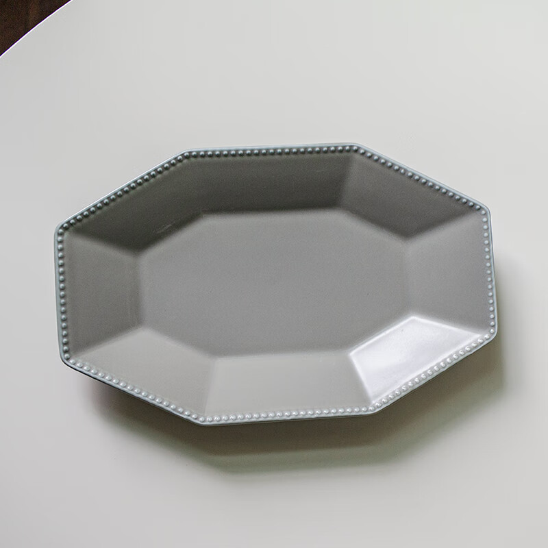hywlkj隽颜堂陶瓷盘子八角珠点西餐盘长条菜盘鱼盘家用ins风高级灰