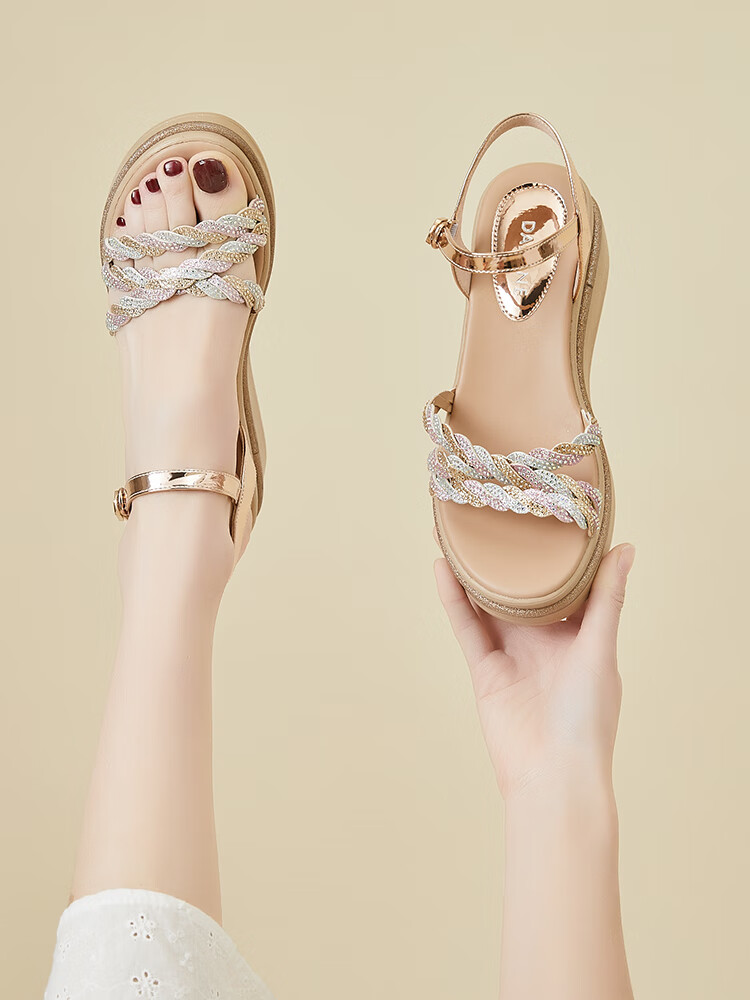 风凉鞋女2023夏季新款坡跟厚底女鞋露趾防水台高跟水钻时装鞋 金色 35