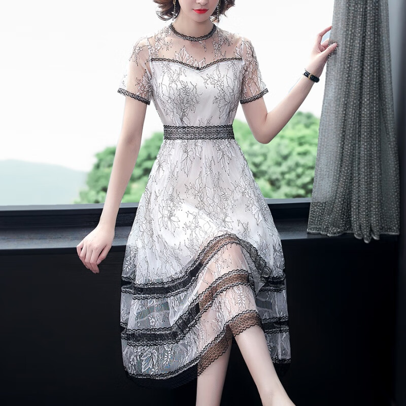 s)贵夫人连衣裙子2024年夏季新款流行女神气质蕾丝网纱长裙 白色 s