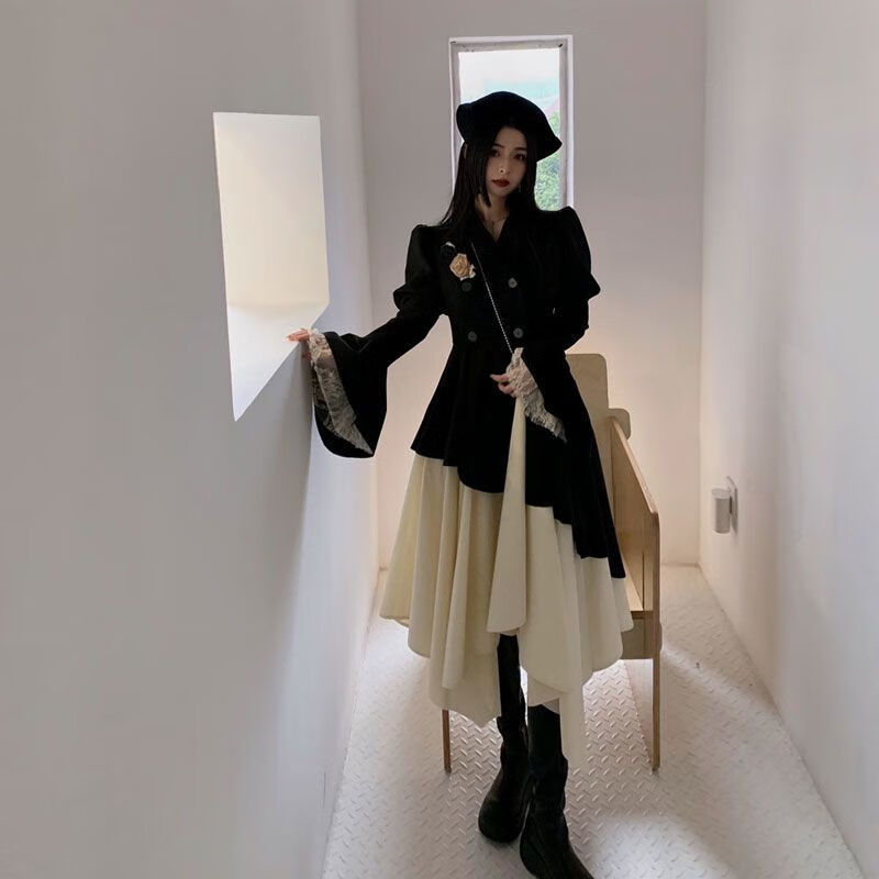 薇恋梦岚重工拼蕾丝大摆连衣裙外套西装假两件春秋新款 图片色 xs