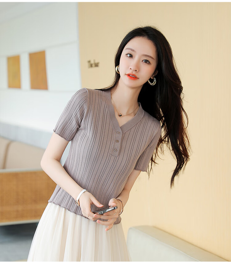 闽悦夏天穿的紧身薄款短袖修身显身材针织女士t恤高腰短款女短装上衣 