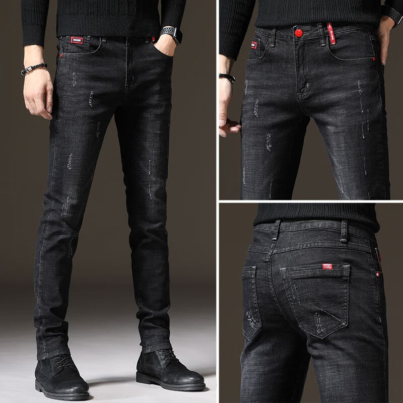 北岑秋冬低腰牛仔裤男修身型加绒加厚牛仔裤男修身小脚裤秋冬款弹力保