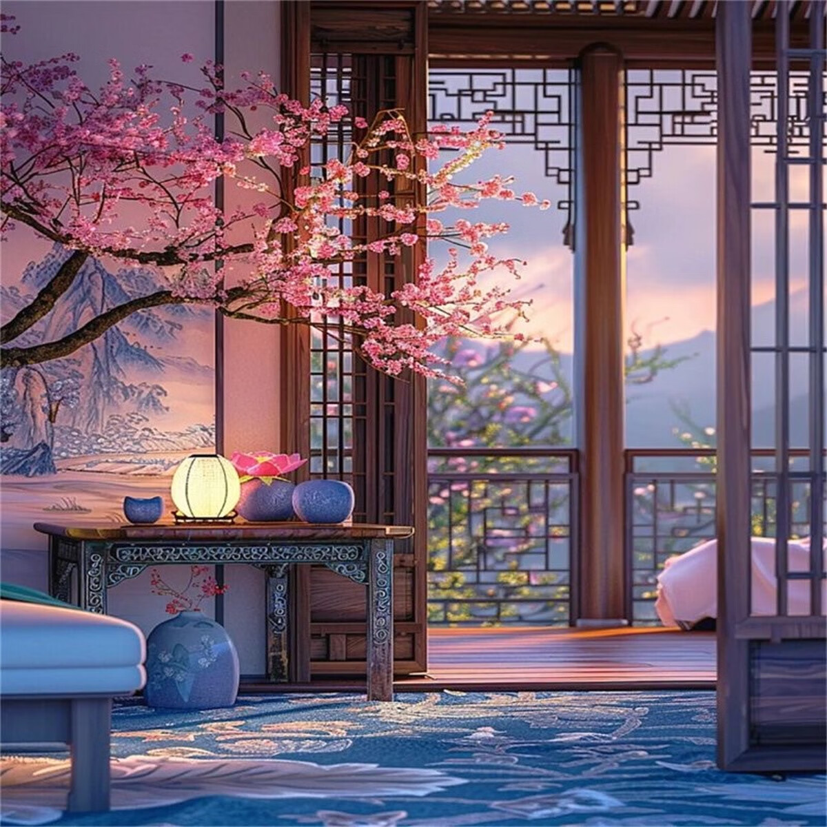 山头林村古风直播背景布新款直播背景墙3d立体古风背景布 紫罗兰 宽x