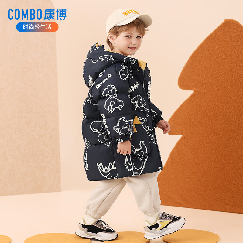 康博儿童男童羽绒服2024新款冬季小童洋气卡通宝宝加厚中长款童装外套 藏青色 140
