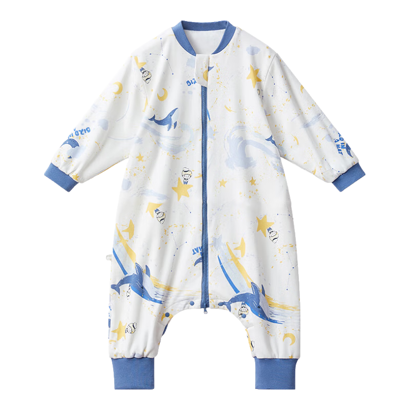 十月结晶婴儿睡袋厚夹棉睡袋婴幼儿纯棉防惊跳防踢被智能感温条 蓝色100码