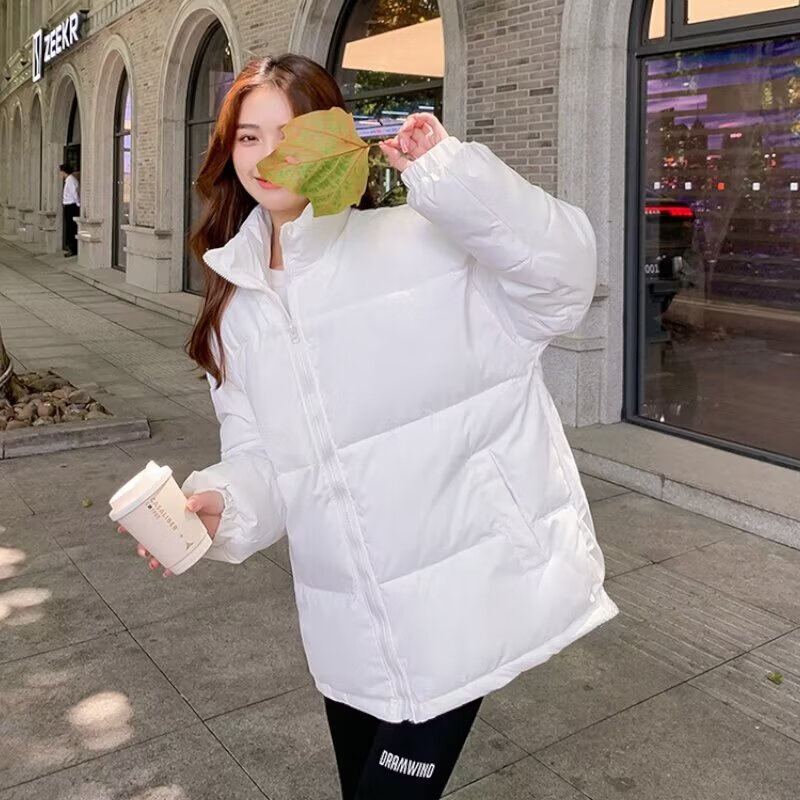 洛之潮棉服冬季女大童加厚棉衣宽松2024新款小个子短款面包韩版外套 米白色 M