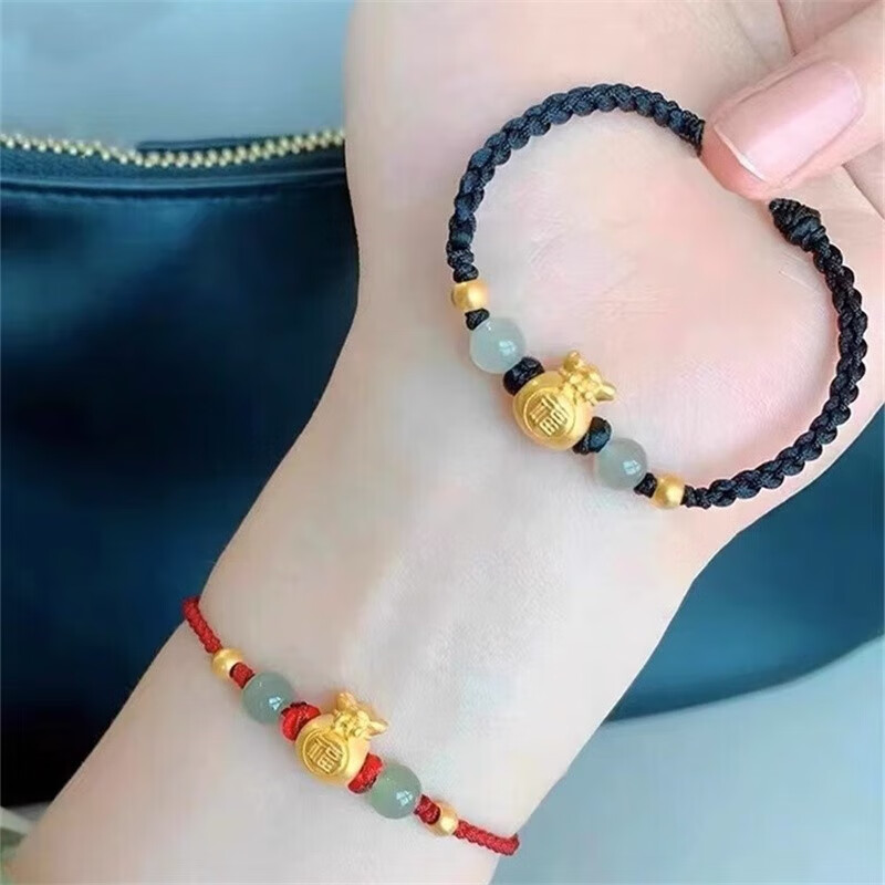 足金福袋 2金珠红绳手链