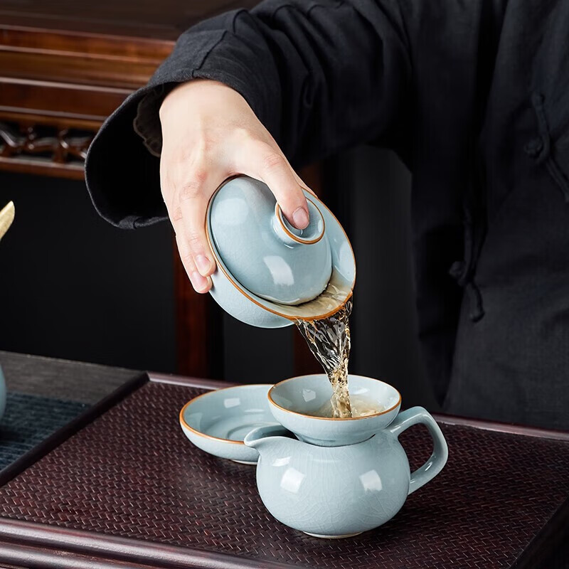 端匠汝窑茶具整套装功夫泡煮陶瓷高壶杯器办公家用道盖碗手工送礼盒档 汝窑商用送礼【豪华套装】 15件