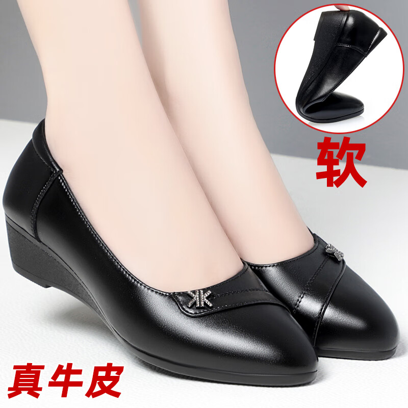 康奈(kangnai)女皮鞋春季真皮平底中年妈妈坡跟单鞋中老年舒适不易累