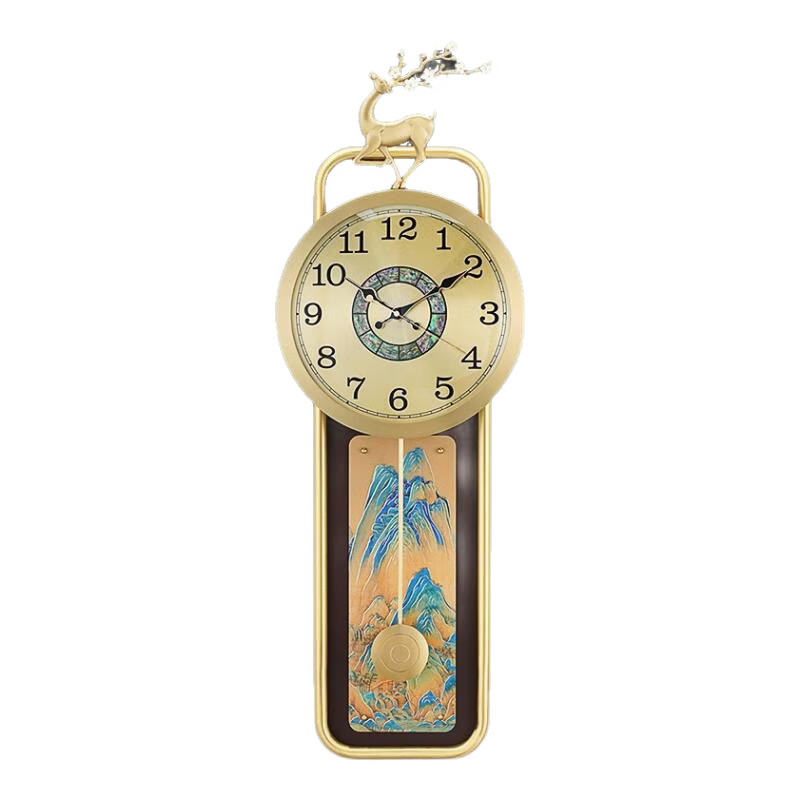 漢時（Hense）輕奢高檔黃銅掛鐘新中式客廳擺鐘創(chuàng)意掛墻掛表家用石英鐘HP2091 千里江山-銅雕（108*38cm）