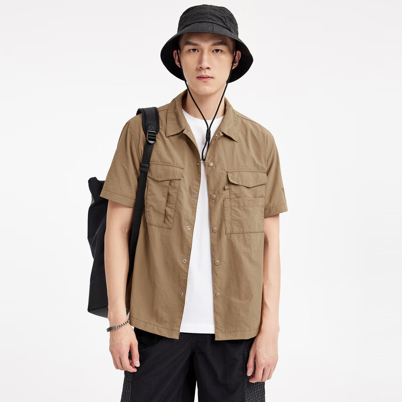短袖衬衫春夏透气翻领口袋纯色潮流时尚百搭男青年衬衣 307(浅棕色)