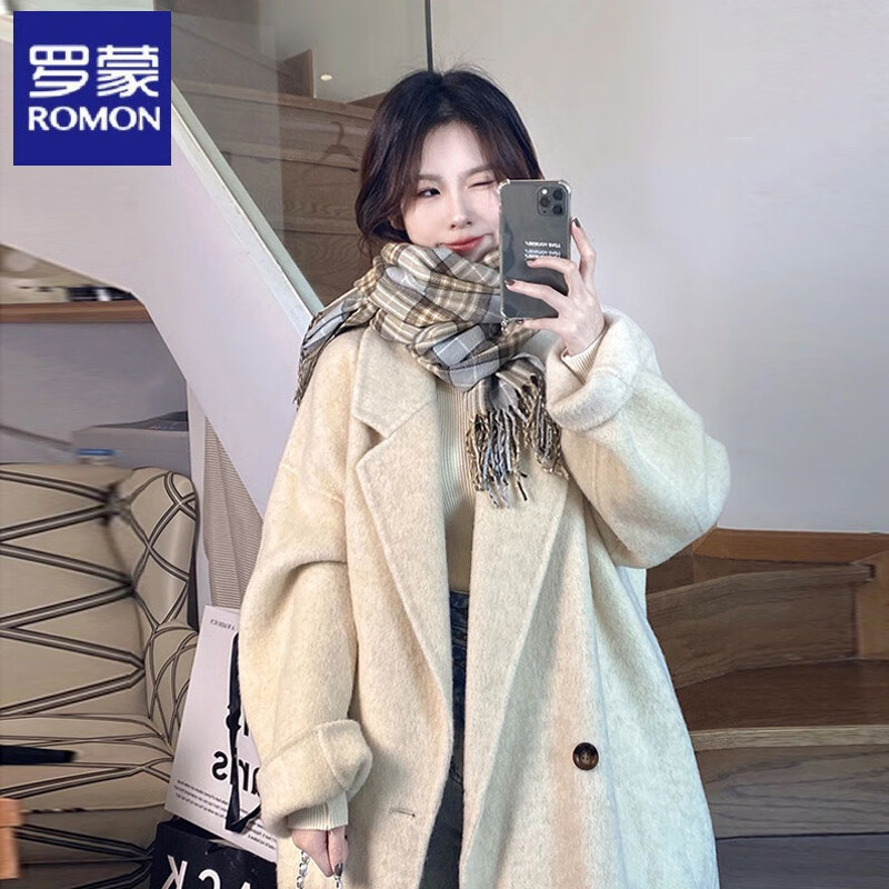 罗蒙（ROMON）双面呢灰色呢子大衣女秋冬季新款100%羊毛呢外套高级感小个子绒感 燕麦 M 165