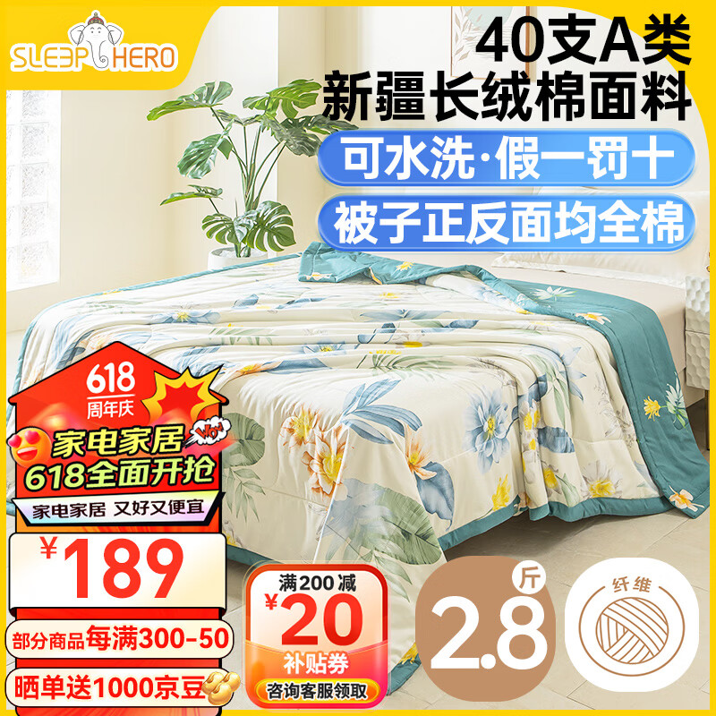 睡眠英雄（SleepHero）母婴A类纤维被 纯棉面料空调被可水洗纯夏凉被子 2.8斤 200*230cm