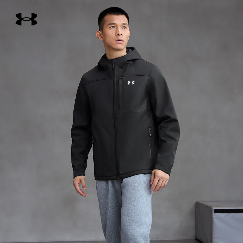 安德玛（Under Armour）UA秋冬ColdGear男子保暖连帽软壳拒水休闲运动夹克外套1371587 黑色002 XL