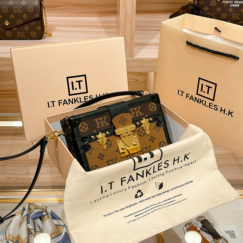 lvboying香港真皮老花复古盒子包女2024新款包包春夏高级感斜挎相机