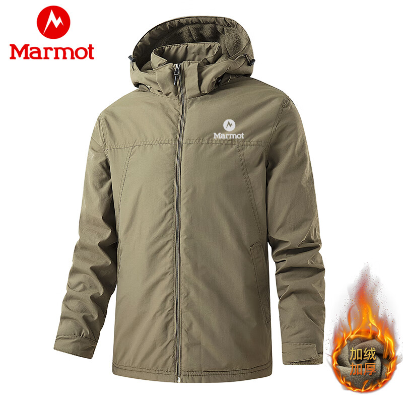土拨鼠（Marmot）冲锋衣男士户外登山外套春秋冬季防风防水运动休闲连帽夹克 卡其色-加绒 2XL