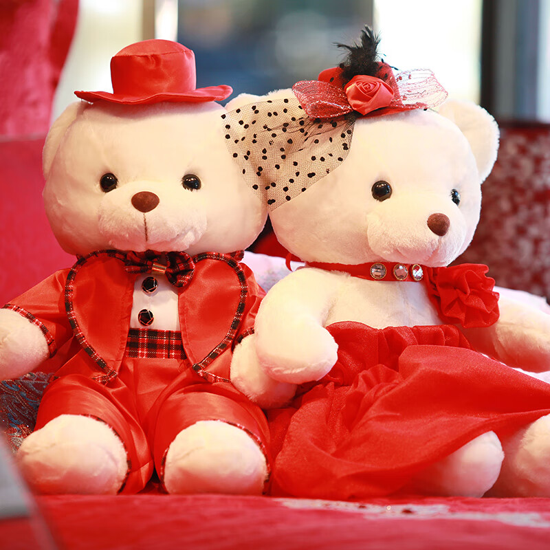 飞洁尔旗舰品牌婚纱熊情侣公仔一对压床娃娃布玩偶毛绒玩具结婚礼物 格子红+礼帽婚纱 60厘米一对