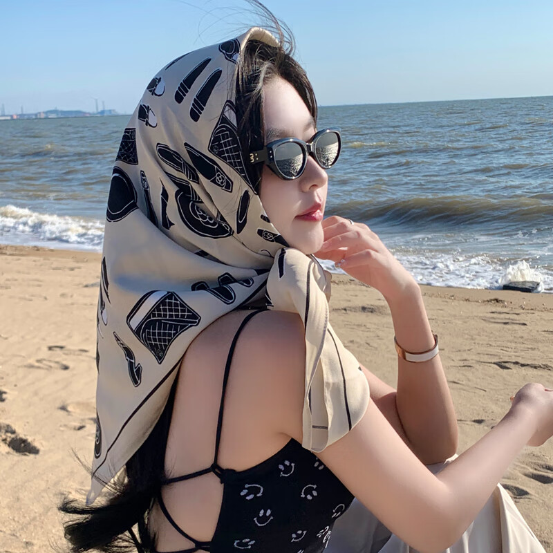 女百搭夏季防晒丝巾ins海边沙滩长条披肩头巾 高跟鞋玫瑰花-香槟色