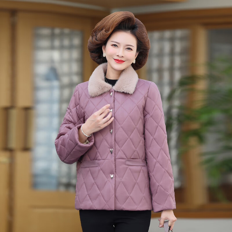 轻奢妈妈秋冬加绒加厚棉袄新款棉衣中老女装冬季棉服外套- 藕荷色 xl