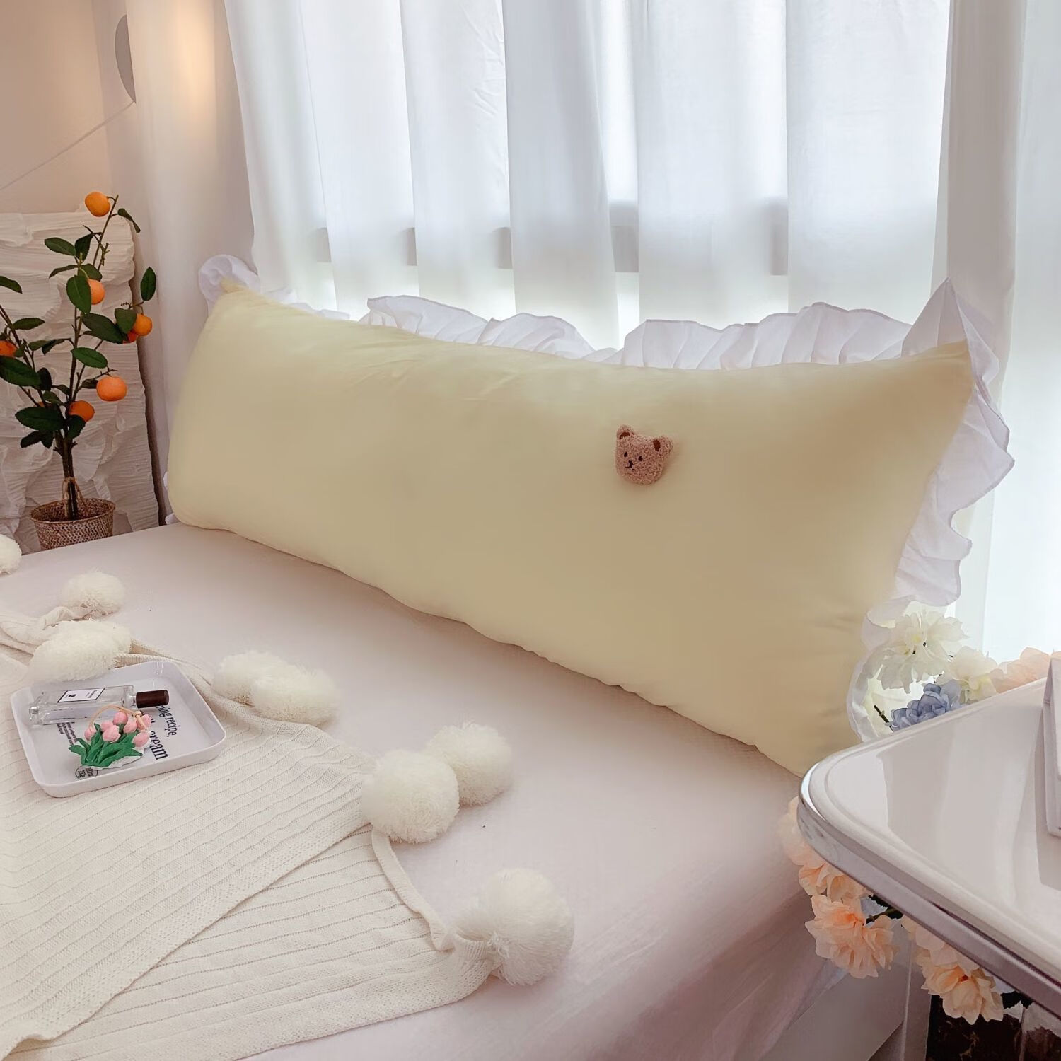 睿爸床头靠垫大卧室床上长靠护腰榻榻米床垫软 可可小熊-米白(带内芯