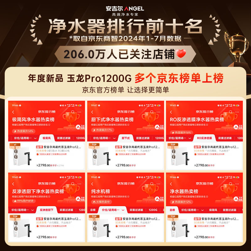 安吉尔肖战代言玉龙Pro1200G 家用净水器排行前十名 智显龙头TDS值50吨RO反渗透过滤厨下直饮机3.3L/min