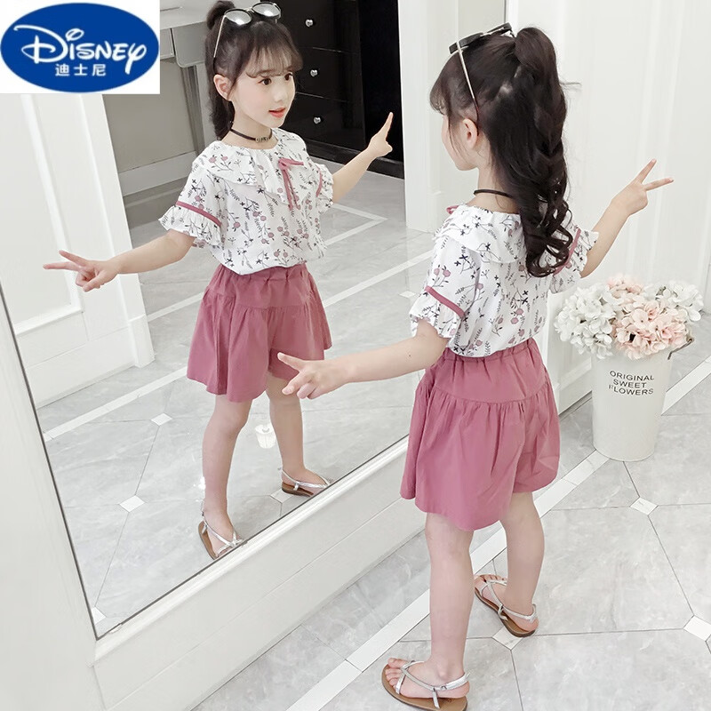 迪士尼（Disney）女童t恤短袖套装雪纺衫夏装2024新款夏季中大童儿童衣服宽松女孩 粉红色(上衣+裤子) 110cm